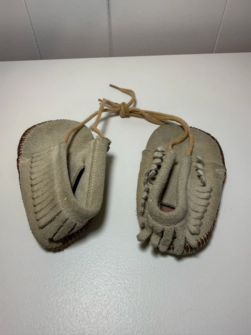 Vintage Baby Soft Suede Fringe Moccasins in Light Beige